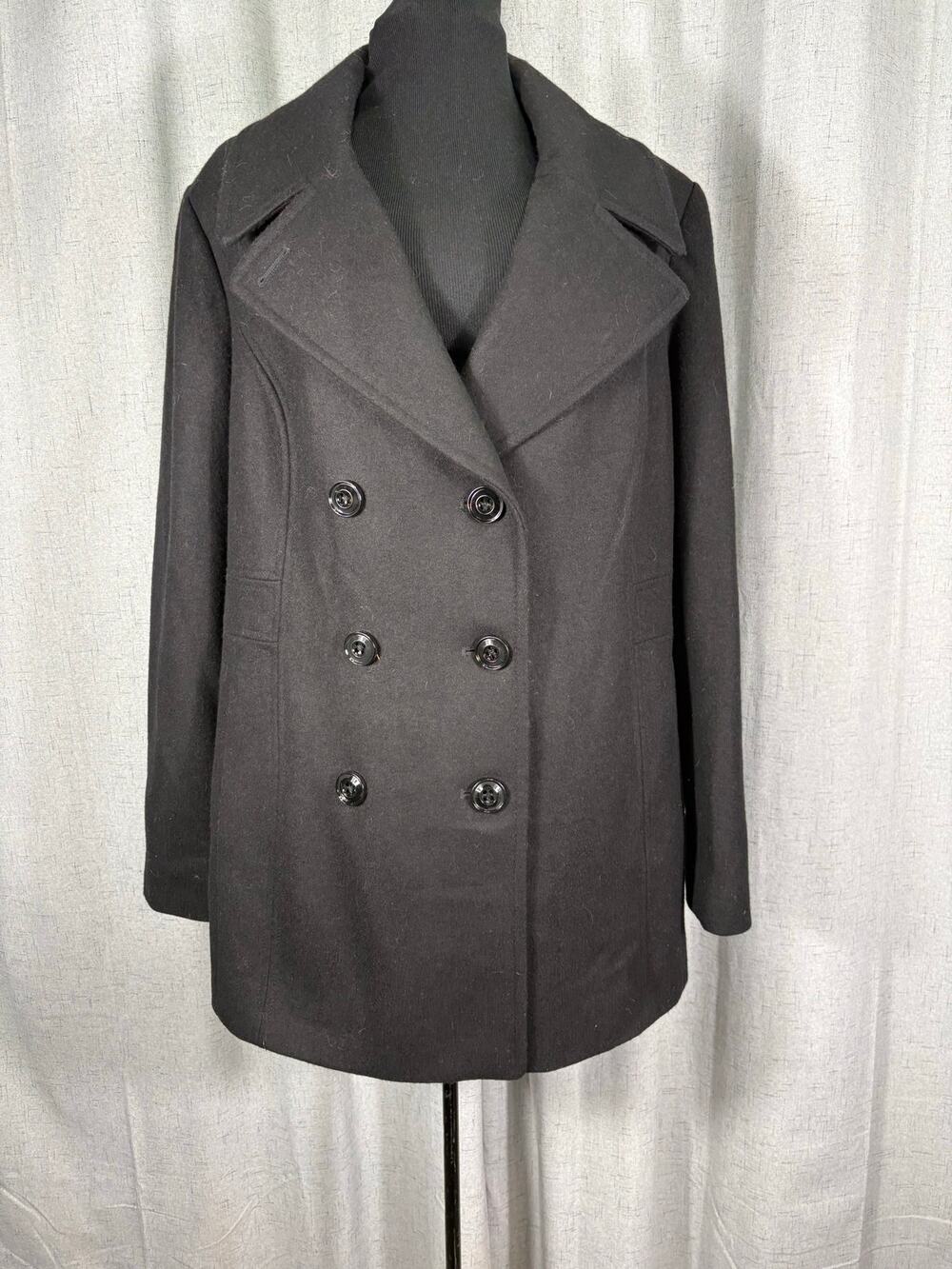 Women's London Fog Black Peacoat Double Breasted Jacket Large Collar XL Button